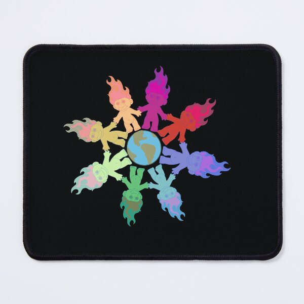 Item preview, rainbow flame hair troll dolls holding hands around earth  designed and sold by FIGGITY FERN.