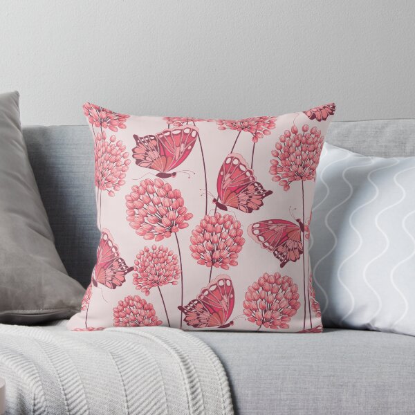 Pink Allium and Butterflies Throw Pillow