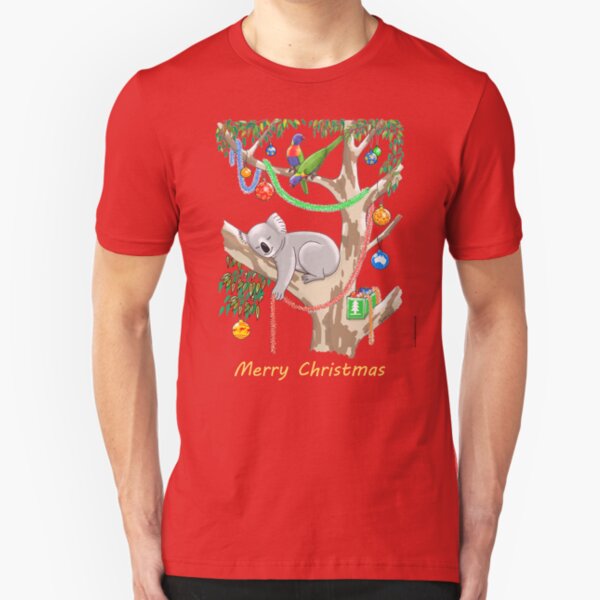 Sleepy Christmas Koala and Lorikeets Slim Fit T-Shirt