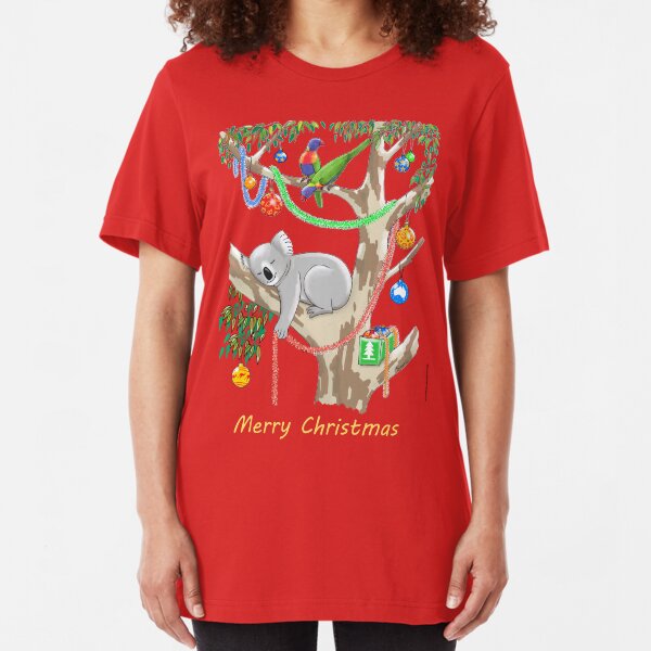 Sleepy Christmas Koala and Lorikeets Slim Fit T-Shirt