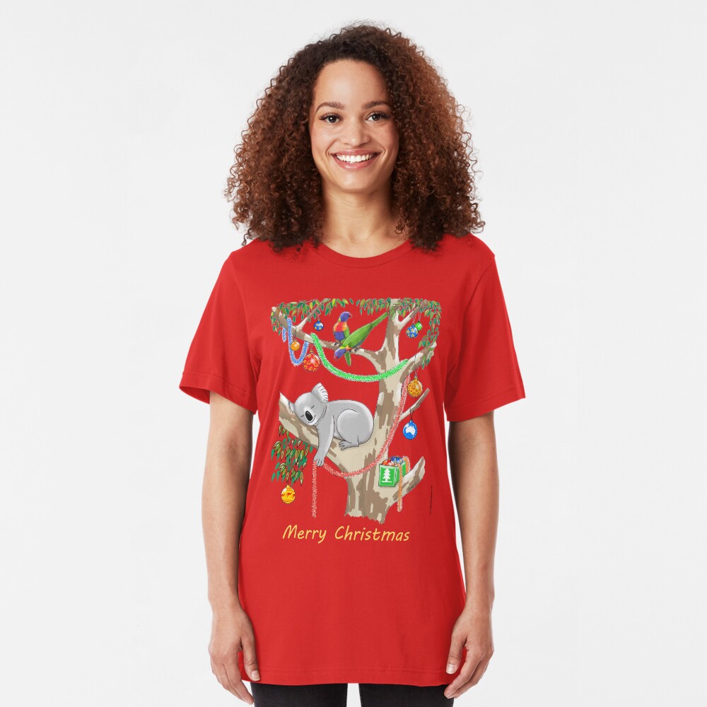 Sleepy Christmas Koala and Lorikeets Slim Fit T-Shirt