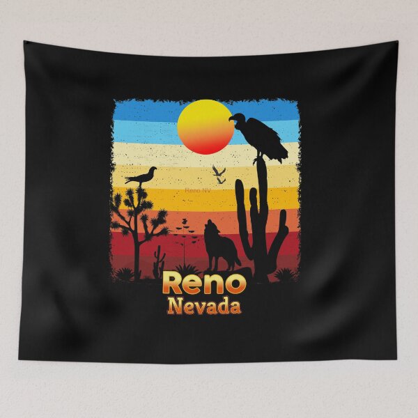Artikelvorschau, Reno Nevada NV Kaktusgeier Kojote Sonnenuntergang Retro Wüste entworfen und verkauft von Cuatrocaminos.