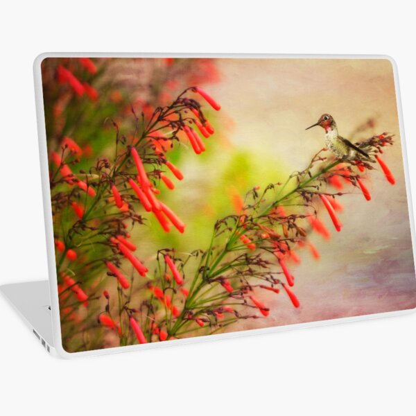Hummingbird Perched on Red Wildflowers Laptop Skin