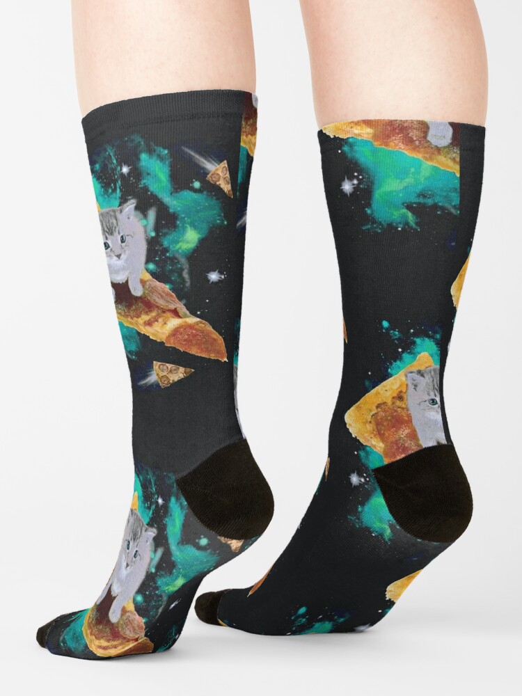 Discover Cat Riding Pizza Galaxy Kitten Outerspace Neon Socks