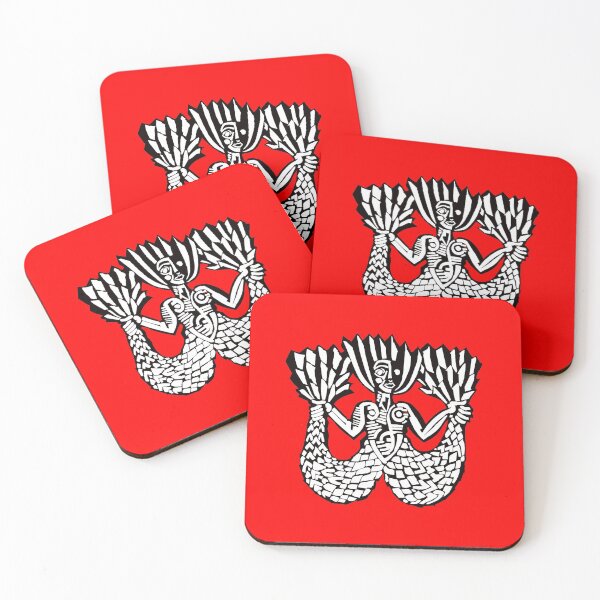 Item preview, Medieval mermaid block print motif, red and white designed and sold by lorcagrimes.