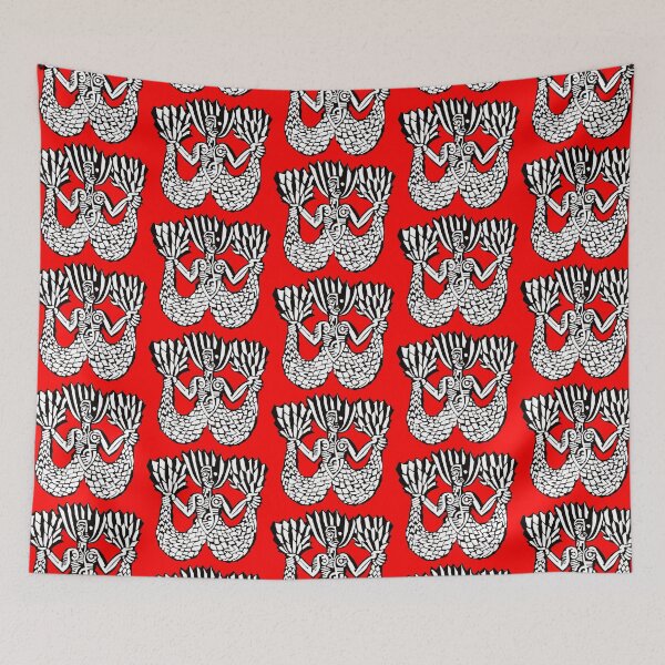 Item preview, Medieval mermaid block print motif, red and white designed and sold by lorcagrimes.