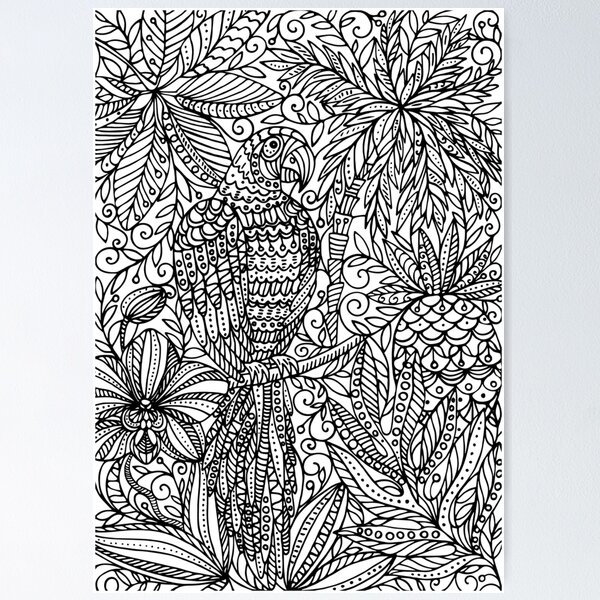 Perroquet tropical - noir et blanc Poster