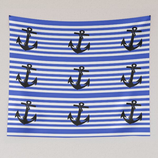 Item preview, Black Anchor on Blue Stripes  designed and sold by ckeenart.