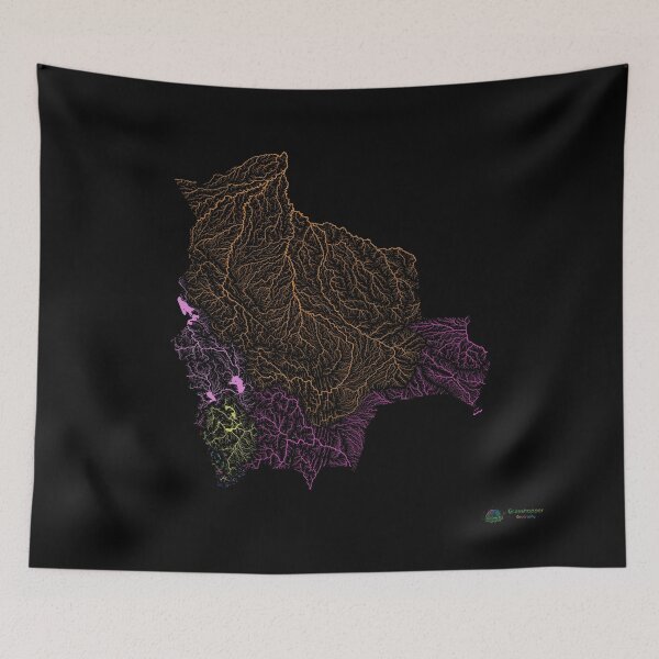 Item preview, Bolivia River Basin Map in Rainbow Colours with Black Background designed and sold by GrasshopperGeo.
