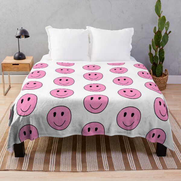 Shops Smiley Face Crushed Velvet Blanket in Checkered Peach | Preppy Room Pink Smiley Face Blanket