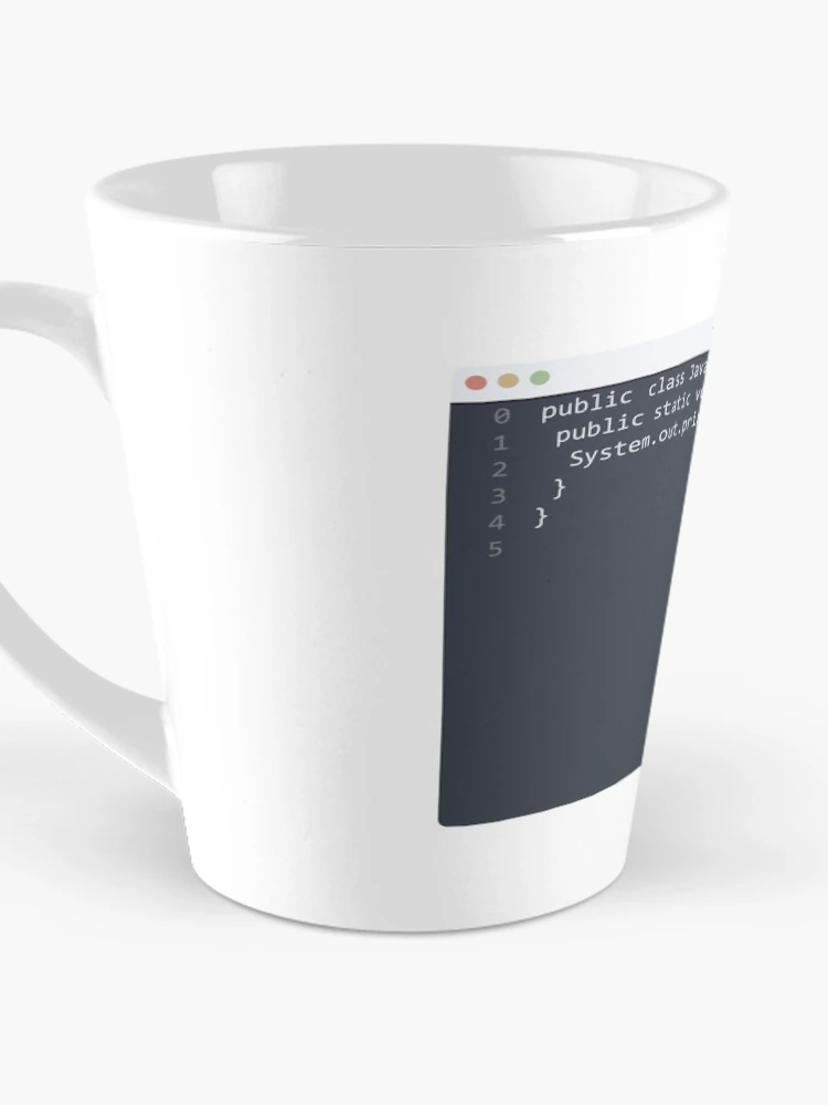 Thumbnail 3 of 4, Coffee Mug, . Java language Hello World program sample in editor window designed and sold by IuriiVlasenko.