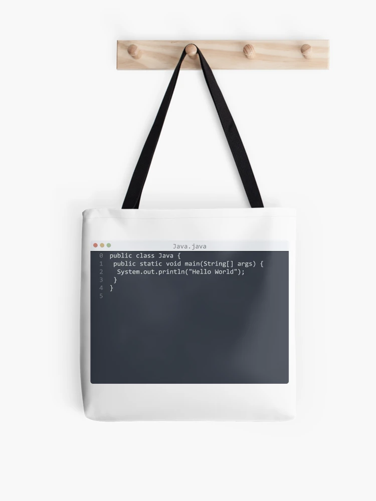 Thumbnail 1 of 2, Tote Bag, . Java language Hello World program sample in editor window designed and sold by IuriiVlasenko.