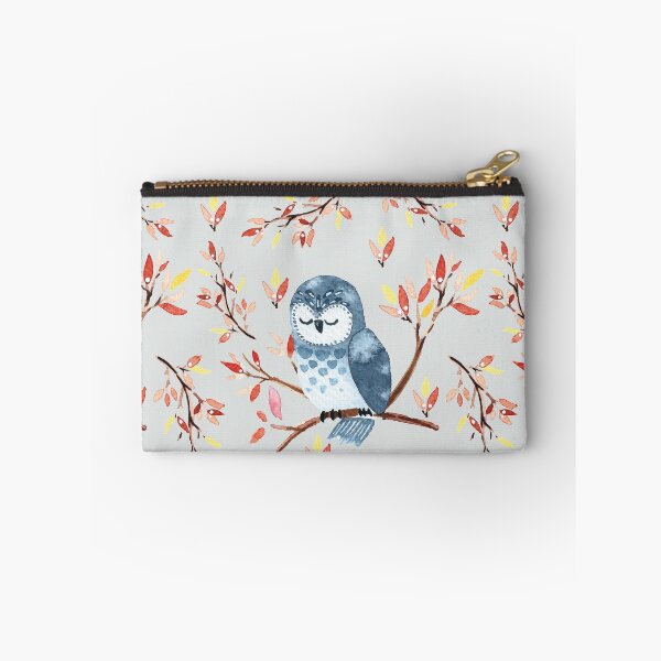 Item preview,  Cute watercolor owl and autumn leaves, grey background designed and sold by Carrot Faery Art.