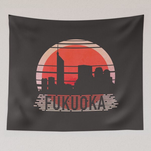 Item preview, Fukuoka Japan - Retro Sunset - Skyline with Japanese Flag designed and sold by tanimator.