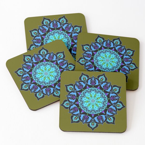 Item preview, Blue Multicolor Mandala Pattern with Olive Green Background designed and sold by IridescentSea.