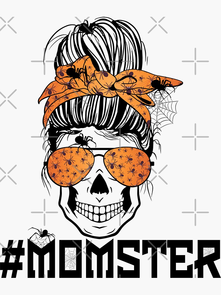 "Momster Halloween Costume Skull Mom Messy Hair Bun Monster" Sticker ...