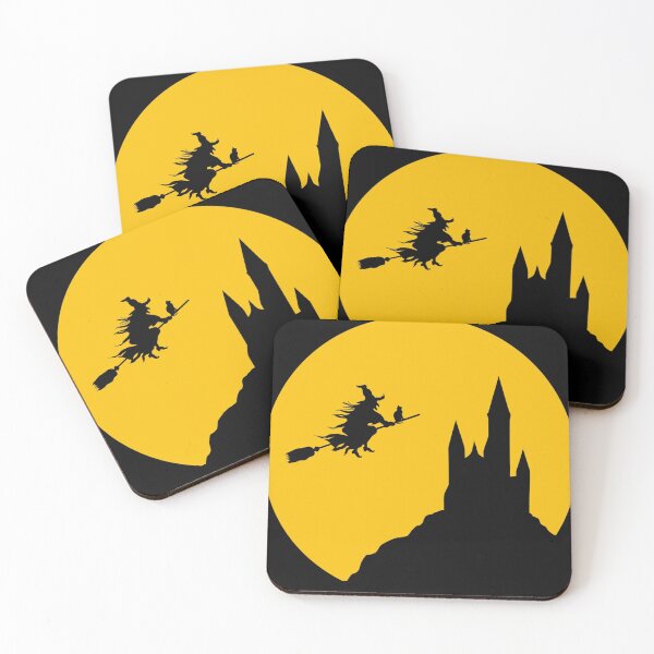Item preview, Witch and black cat flying over castle on Halloween night with a full moon. designed and sold by JoesCornerStore.