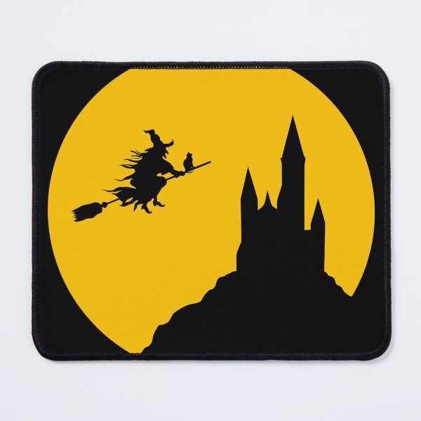 Item preview, Witch and black cat flying over castle on Halloween night with a full moon. designed and sold by JoesCornerStore.