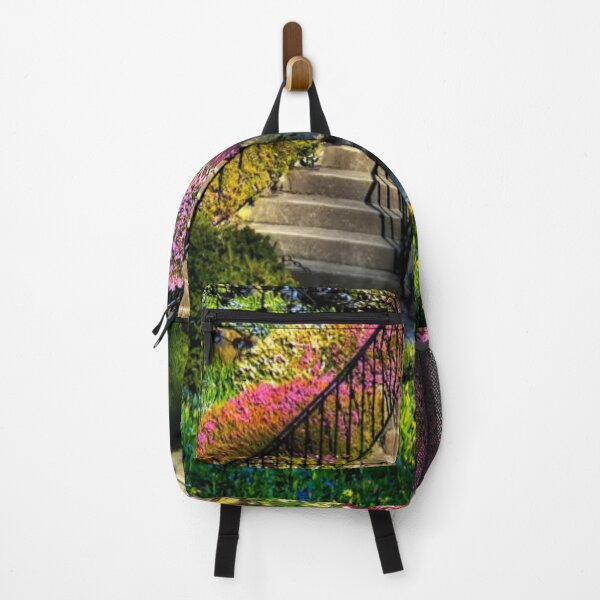 Item preview, Beautiful and relaxing European flowering garden in springtime with stairway and pond designed and sold by LiveToLearn.