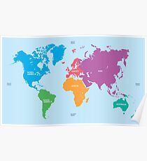Continents World Map Poster