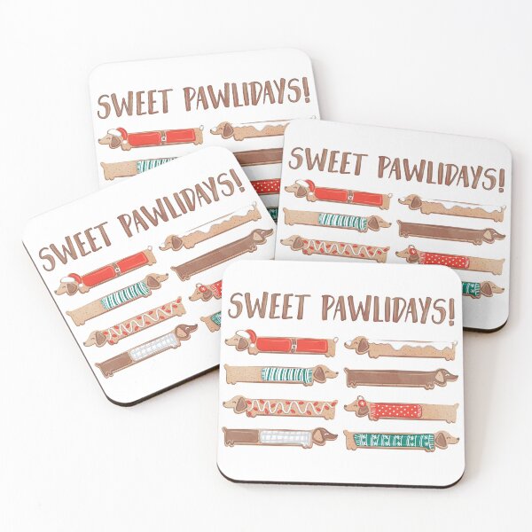 Item preview, Sweet pawlidays! // nile blue linen texture background gingerbread cookie dachshund dog puppies wearing neon red and pine green Christmas and winter clothes designed and sold by SelmaCardoso.