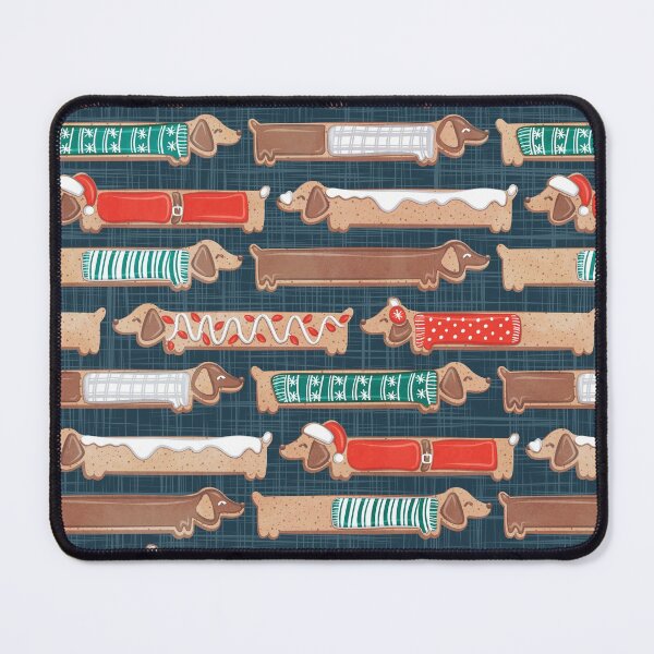 Item preview, Sweet pawlidays! // nile blue linen texture background gingerbread cookie dachshund dog puppies wearing neon red and pine green Christmas and winter clothes designed and sold by SelmaCardoso.