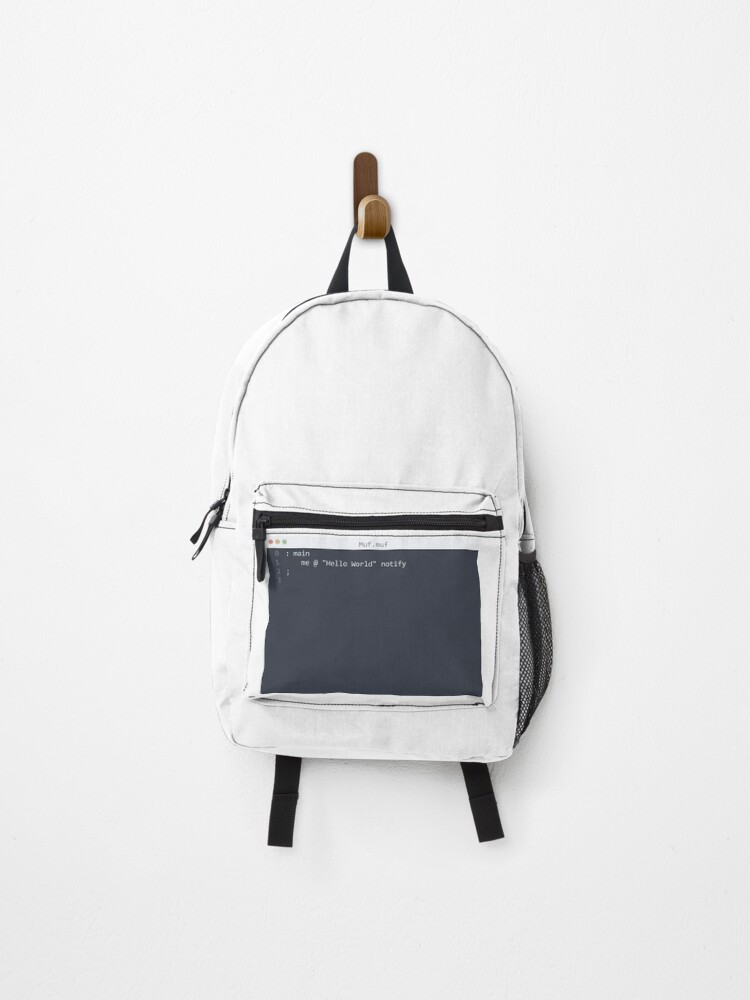 Thumbnail 1 of 3, Backpack, . Muf language Hello World program sample in editor window designed and sold by IuriiVlasenko.