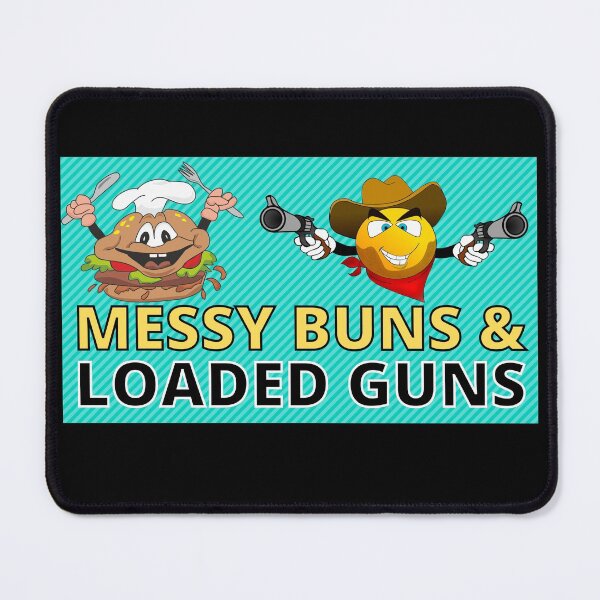 Item preview, Messy Buns And Loaded Guns Cute Messy Hamburger and Smiling Gun Slinger On A Blue Background designed and sold by RGRamsey.