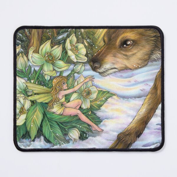 Item preview, Elf, fairy in Christmas pink with deer fawn in a snowy landscape designed and sold by ZadzeneaArt.