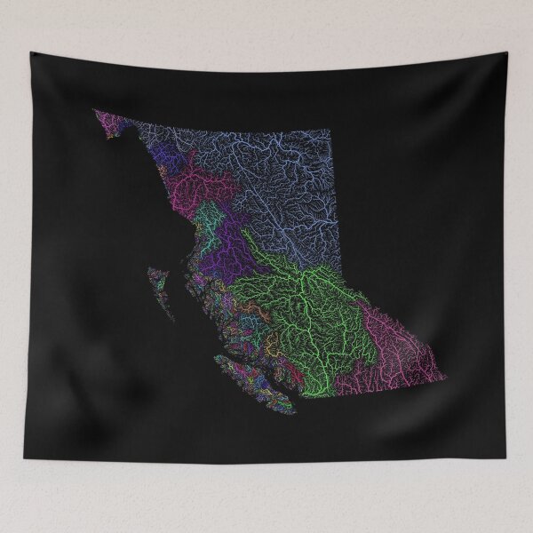 Item preview, British Columbia River Basin Map in Rainbow Colours with Black Background designed and sold by GrasshopperGeo.