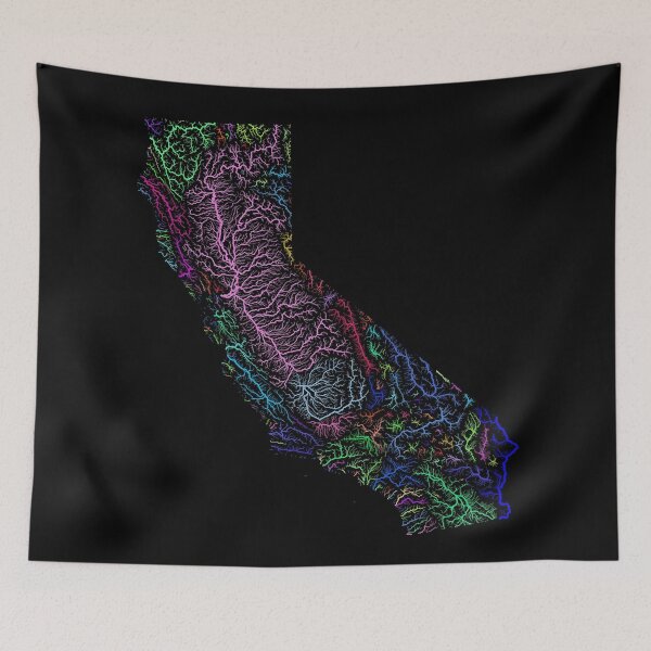 Item preview, California River Basin Map in Rainbow Colours with Black Background designed and sold by GrasshopperGeo.