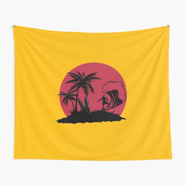 Surfing Coconut Trees Black and Red Tapestry