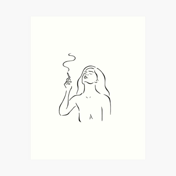 Smoking girl line art minimalist style sketch, white Art Print