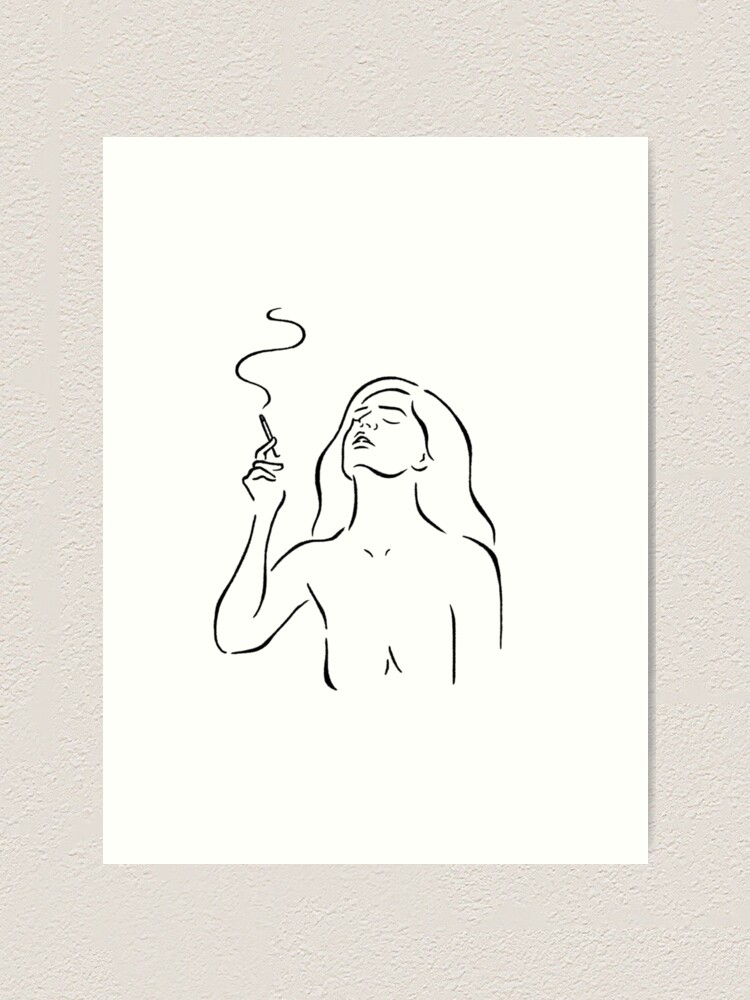 Alternate view of Smoking girl line art minimalist style sketch, white Art Print