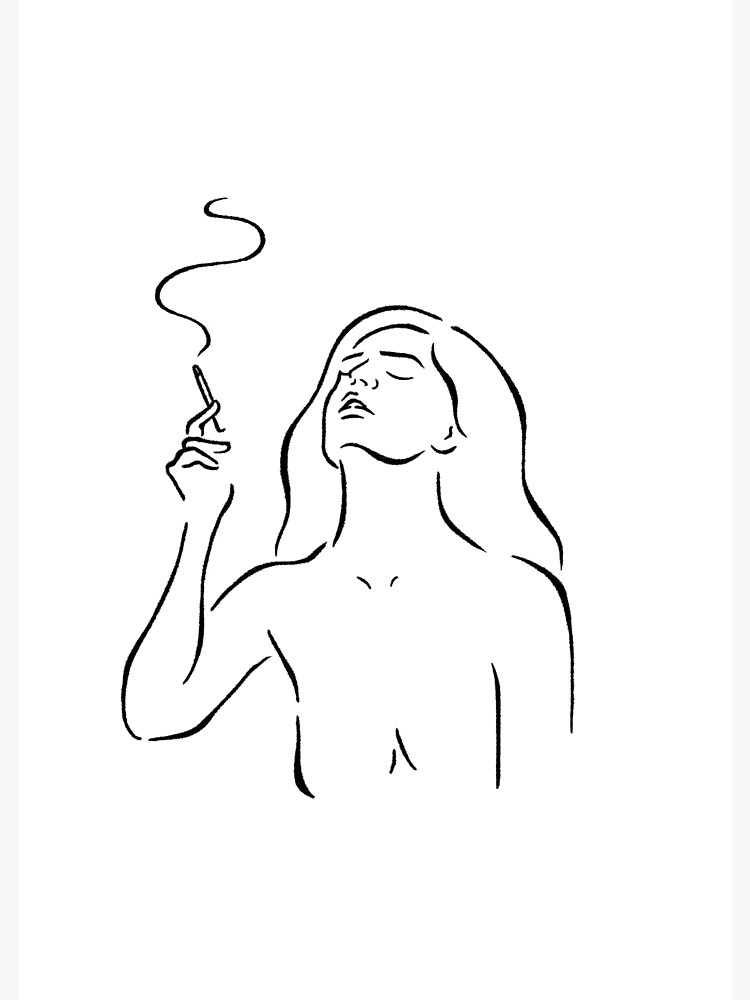 Smoking girl line art minimalist style sketch, white by awhalesong