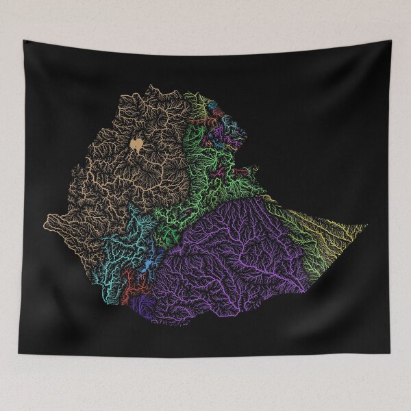 Item preview, Ethiopia River Basin Map in Rainbow Colours with Black Background designed and sold by GrasshopperGeo.