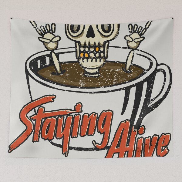 Item preview, Staying Alive Skeleton Drink Coffee Retro Skull Distressed designed and sold by AwesomeDistrict.