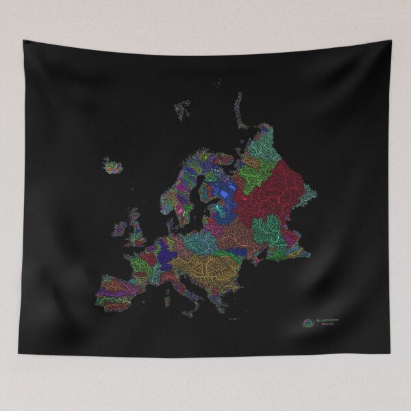 Item preview, Europe River Basin Map in Rainbow Colours with Black Background designed and sold by GrasshopperGeo.