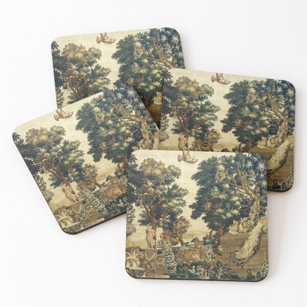 Item preview, Wood Landscape with Pecocks ,Cranes,Trees and River, Antique Flemish Tapestry in Brown Ivory Green designed and sold by BulganLumini.