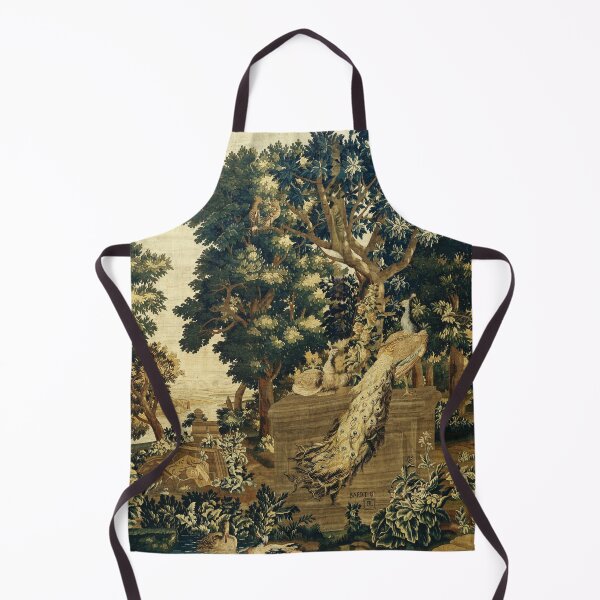 Item preview, Wood Landscape with Pecocks ,Cranes,Trees and River, Antique Flemish Tapestry in Brown Ivory Green designed and sold by BulganLumini.