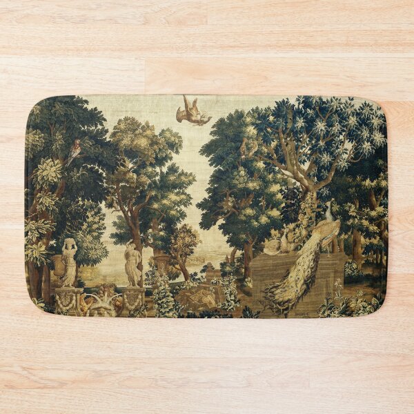 Item preview, Wood Landscape with Pecocks ,Cranes,Trees and River, Antique Flemish Tapestry in Brown Ivory Green designed and sold by BulganLumini.