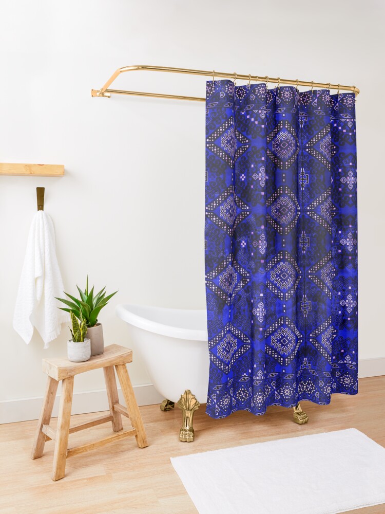 Alternate view of Oriental Royal Blue Indigo Vintage Traditional Moroccan Artwork Shower Curtain