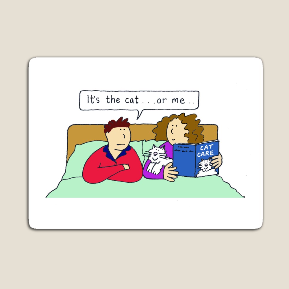 Me or the Cat Cartoon Couple in Bed with their Pet