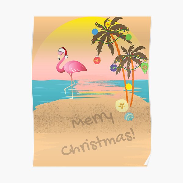 “Merry Christmas Tropical Beach Santa Flamingo Sunset” Poster for Sale