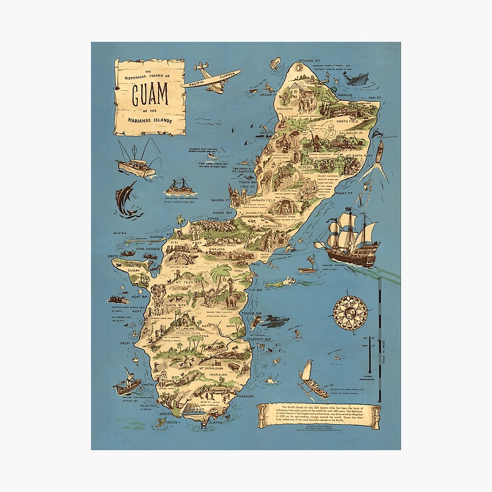 1958 Vintage Map of Island of Guam