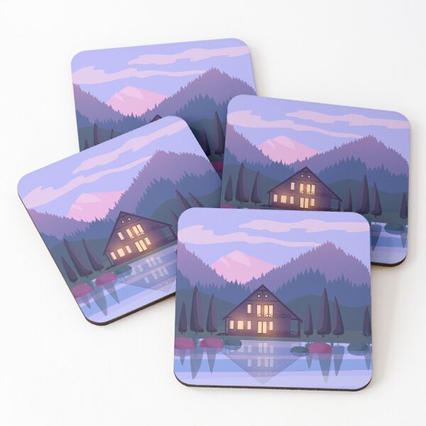 Item preview, Vector illustration of an evening or dawn private house at the lake in the mountains designed and sold by Familyshmot.