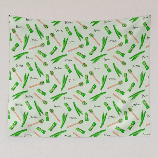 Item preview, Vector seamless flat lay pattern of pandan leaves, shredded pandan spices in wooden spoon and wrapped leaves on green background designed and sold by Familyshmot.