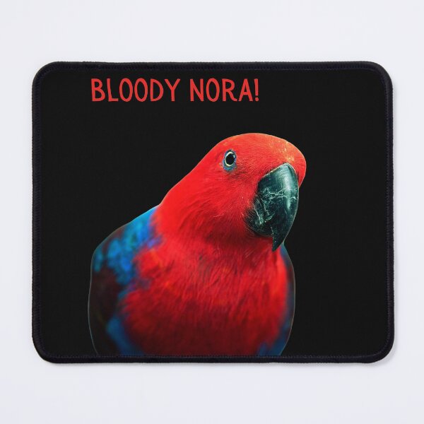 Item preview, Bloody Nora!, Red and blue Rosella parrot, close up. Photograph and red text. designed and sold by JellyBeenzz.