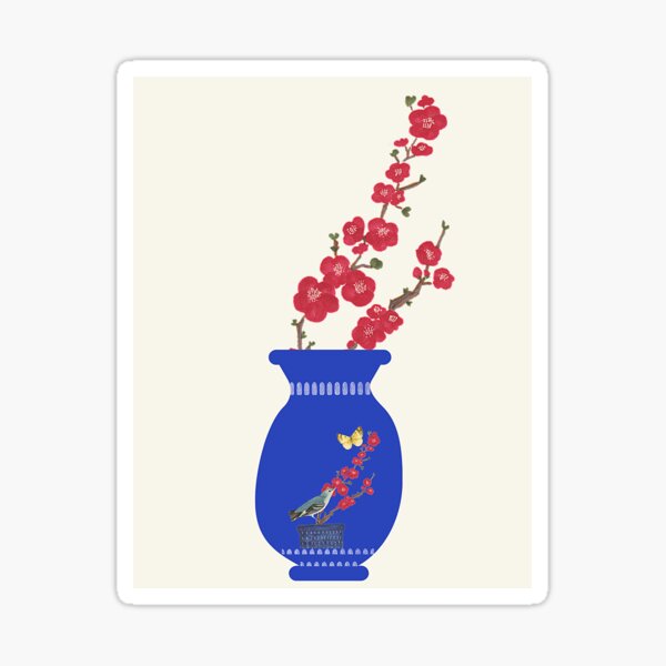 Camellia Flowers and Blue Green Vase Sticker