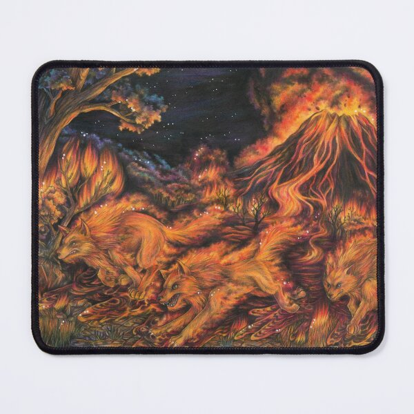 Item preview, Fire wolves Wolf pack Lava flow from wolves with volcano designed and sold by ZadzeneaArt.